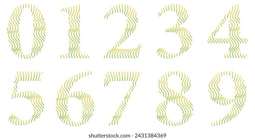 Set of numbers isolated on white. Alphabet with numbers. Vector graphic elements for design. Waves and lines. Green and yellow gradient. Colorful