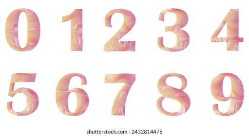 Set of numbers isolated on white. Alphabet with numbers. Vector graphic elements for design. Waves and lines. Orange and pink gradient. Colorful	