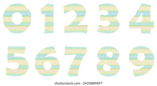 Conjunto de números aislados en blanco. Alfabeto con números. Elementos gráficos vectoriales para diseño. Ondas y líneas. Degradado colorido	