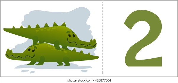 Set numbers for kids: cartoon animals - number 2, alligators . Vector illustration.