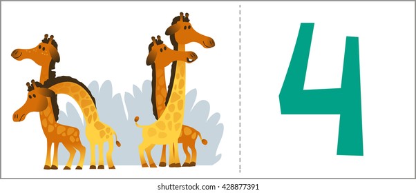 Set numbers for kids: cartoon animals - number 4, giraffe. Vector illustration.