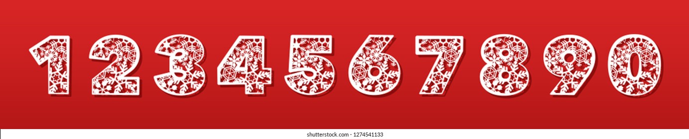 A set of numbers for laser cutting of paper, cardboard, plastic. Fashionable decorative alphabet. Contour cutting openwork pattern. Vector illustration.