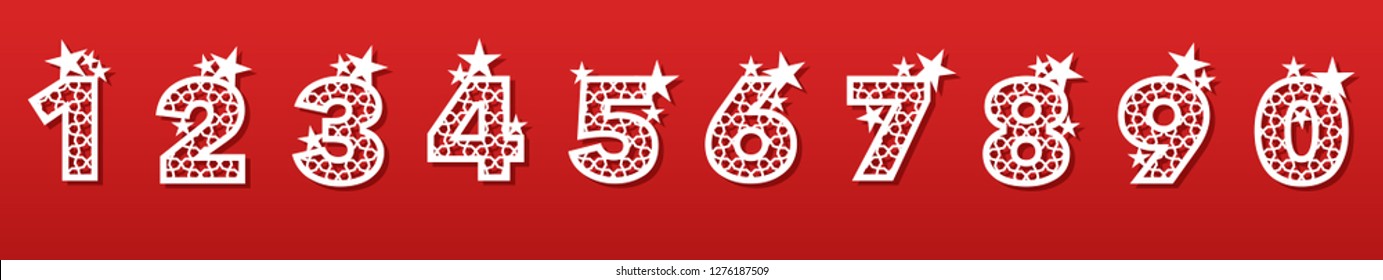 A set of numbers for laser cutting of paper, cardboard, plastic. Fashionable decorative alphabet. Contour cutting openwork pattern. Vector illustration.