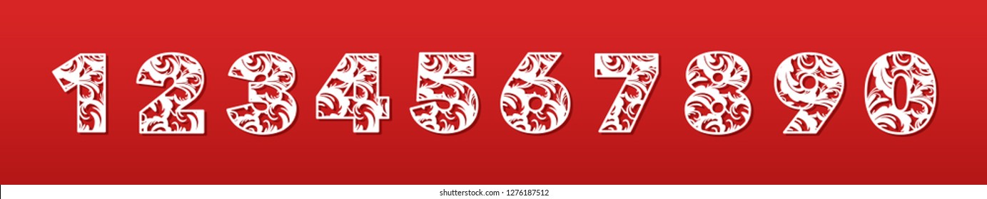 A set of numbers for laser cutting of paper, cardboard, plastic. Fashionable decorative alphabet. Contour cutting openwork pattern. Vector illustration.