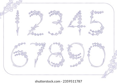 Set of numbers. Lavender flower font. Vector illustration.
