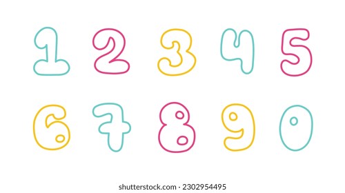 Set of numbers in linear style. Education, birhtday, celebrating achievements concept. Cartoon comic style. Hand drawn modern Vector illustration