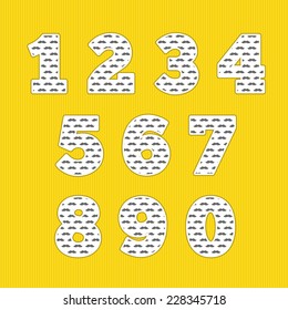 Set of numbers. Little man design. Yellow, gray, white colors.  Mustache pattern.