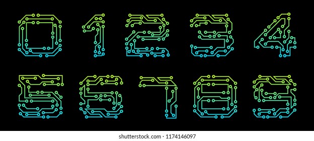 Set Numbers Made in Circuit Texture, Numerals Isolated on Black Background - Illustration Vector