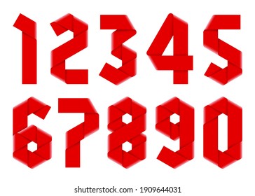 Set of numbers made of folded ribbons with hexagonal elements. Vector illustration isolated on white background.