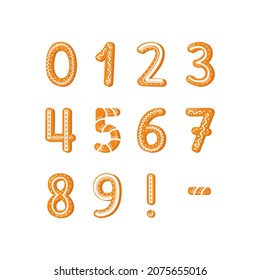 Set of numbers made from glazed gingerbread. Festive font, symbol of Happy New Year and Christmas, sign and numeral of different shapes