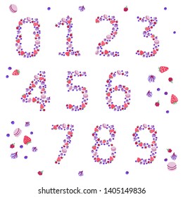 Set of numbers made with macarons, forest berries (strawberries, blueberries, raspberries), meringues. Birthday, anniversary party invitations, cards design element. Isolated on white background.