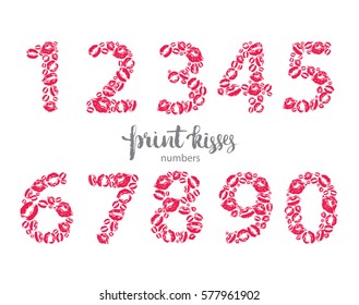 Set of numbers, made from print kisses, part of a complete alphabet collection for your writing or design