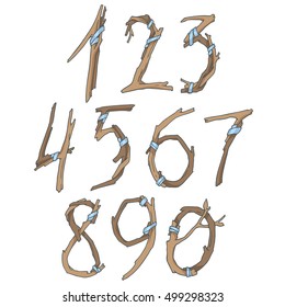 Set of numbers made of twigs, colored vector images for design and illustration.
