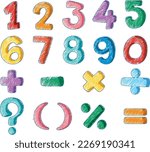 Set of numbers and math symbols pencil colour child scribble style illustration