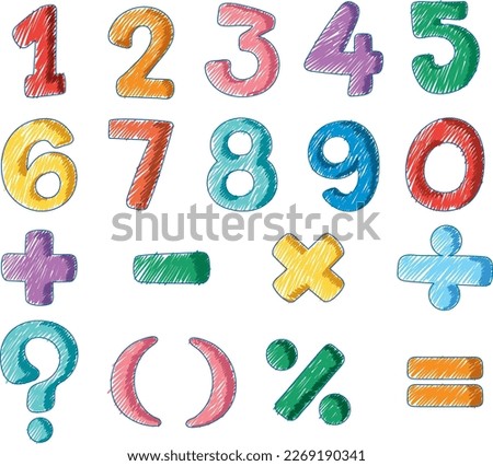 Set of numbers and math symbols pencil colour child scribble style illustration