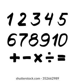 Set of numbers and mathematical signs. Black marker. Vector.