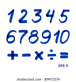 Set of numbers and mathematical signs. Blue marker.. Vector 8