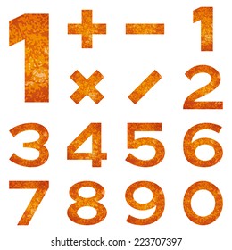 Set of numbers and mathematical signs stylized flaming orange lava, elements for web design. Eps10, contains transparencies. Vector