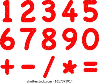 Set of numbers and mathematics symbols red with white dots