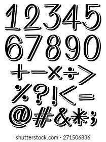 Set of numbers and maths symbols in black color