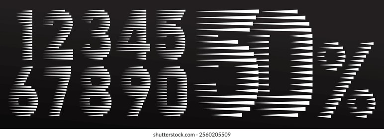 Set of numbers modern font with horizontal speed line pattern. Collection of number 0, 1, 2, 3, 4, 5, 6, 7, 8, 9 vector font alphabet, modern dynamic flat design. Vector illustration.