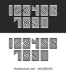 Set of numbers for modern trend monogram typography, linear calligraphy math symbols, numerals geometric shape from parallel black and white lines.