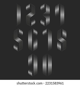 Set of the numbers monogram silver gradient line art, creative decoration typography design mockup, linear calligraphy from metallic stripes, original math symbols 1, 2, 3, 4, 5, 6, 7, 8, 9, 0