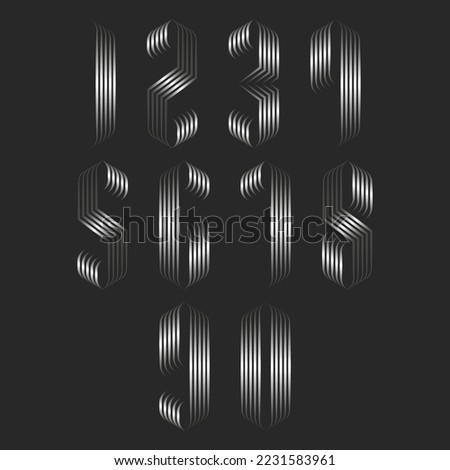 Set of the numbers monogram silver gradient line art, creative decoration typography design mockup, linear calligraphy from metallic stripes, original math symbols 1, 2, 3, 4, 5, 6, 7, 8, 9, 0