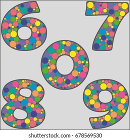 A set of numbers from multicolored circles on a gray background. Six, seven, eight, nine, zero. For decoration and decoration of holidays, greeting cards.
