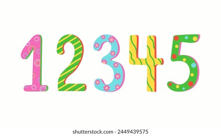Set of numbers with multi-colored ornaments. Design for children's parties, birthdays. Number series from 1 to 5. Calendar date. Vector illustration.