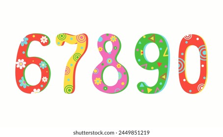 Set of numbers with multi-colored ornaments. Design for children's parties, birthdays. Number series from 6 to 9. Calendar date. Vector illustration.