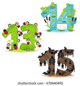 set of numbers with number of animals from 13 to 15 - vector illustration, eps