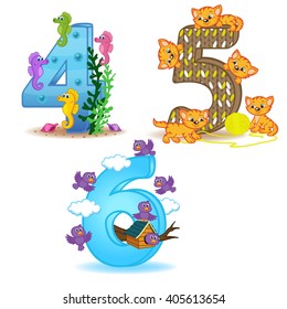 set of numbers with number of animals from 4 to 6 - vector illustration, eps