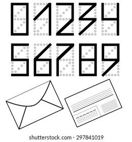 A set of numbers as on the envelope. Black numbers isolated on white background. Mailing envelope. Vector eps 10.