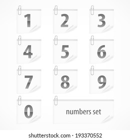 Set of numbers on paper stickers with clip, vector illustration