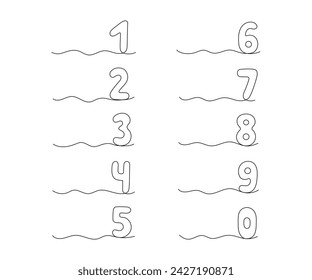 Set numbers from one to nine, continuous one line drawing. Black hand drawn single minimalist line isolated numbers. Vector line figure background