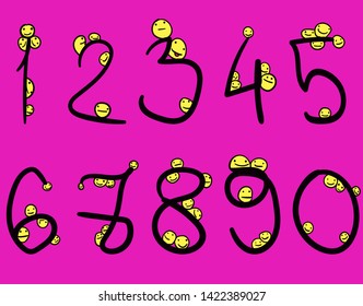 A set of numbers from one to nine. Yellow objects in the form of faces were attached to objects.