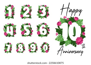 Set of numbers one to ten with flowers peony and monstera in a vector illustration 