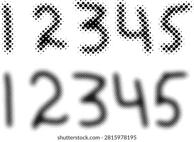 A set of numbers one through five displayed in two different halftone dot styles on a white background.