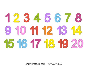 A set of numbers from one to twenty. Bright colorful collection. For teaching children. Simple flat vector illustration isolated on white background.