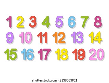 A set of numbers from one to twenty. Bright colorful collection. For teaching children. Simple flat vector illustration isolated on white background.