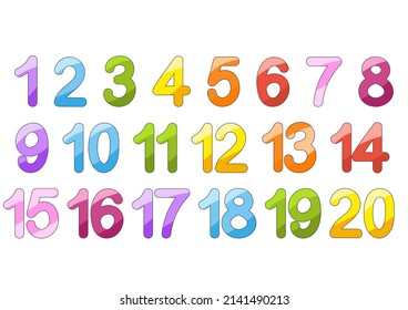 A set of numbers from one to twenty. Bright colorful collection. For teaching children. Simple flat vector illustration isolated on white background.