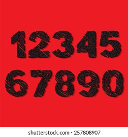 The set of numbers one, two, three, four, five, six, seven, eight, nine, zero. Coal-black characters on a red background. Realistic shadow. Vector illustration.