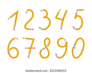 Set of numbers pencil shape font. Doodle number characters, back to school concept. Vector illustration isolated on white background