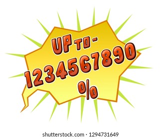 Set of numbers up to and percent for promotional sticker flyer or poster. Cafe restaurant or store lettering. Vector pop-art  comic style exclamation for sale in the cloud. Colorful volume font