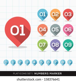 Set of Numbers Pin Marker Flat Icons with long shadow for GPS or Map