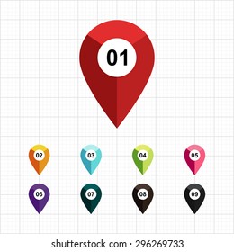 Set of numbers pin marker icons, for GPS or map - Vector