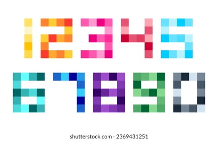 Set of numbers pixel style  consisiting of 1, 2, 3, 4, 5, 6, 7, 8, 9, 0. Square mosaic geometric numeral shapes