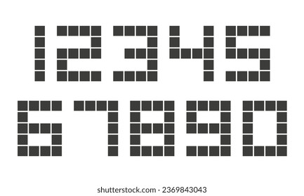 Conjunto de números estilo de píxel que consiste en 1, 2, 3, 4, 5, 6, 7, 8, 9, 0. Formas numéricas geométricas de mosaico cuadrado