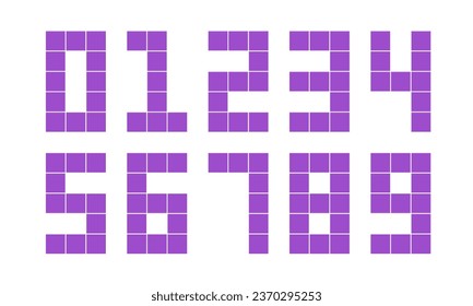 Set of numbers pixel style  consisiting of 1, 2, 3, 4, 5, 6, 7, 8, 9, 0. Square mosaic geometric numeral shapes